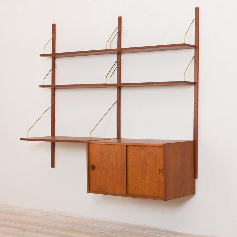 Vintage teak wall unit with a desk and a sliding door locker, Denmark