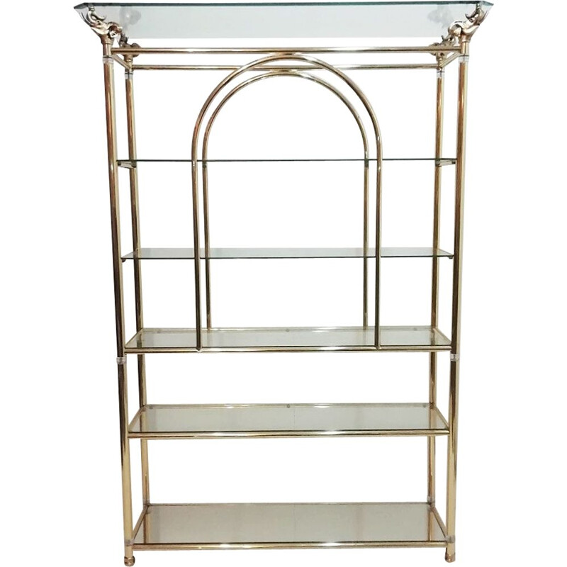 Vintage brass and glass shelf with heads, 1970