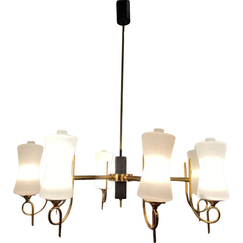 Large vintage Brass Chandelier with Opaline Glass Shades from Stilnovo, 1950s