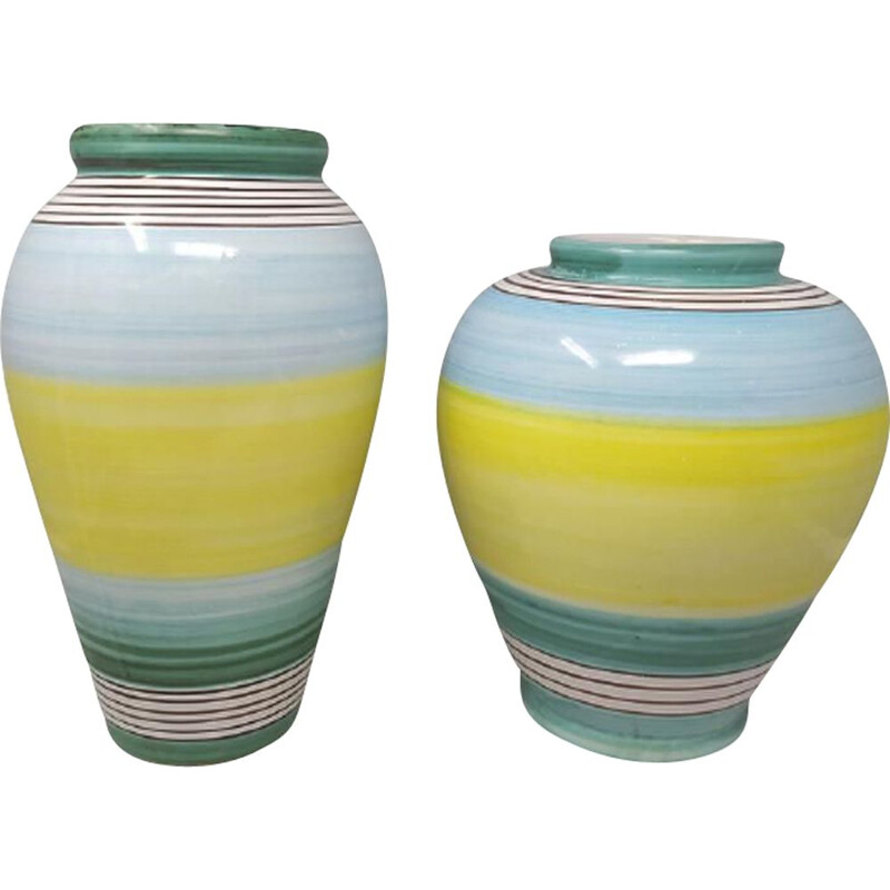 Pair of vintage yellow and blue ceramic vases by Deruta, Italy 1970