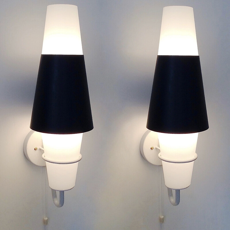 Pair of vintage black and white sconces, France 1950s