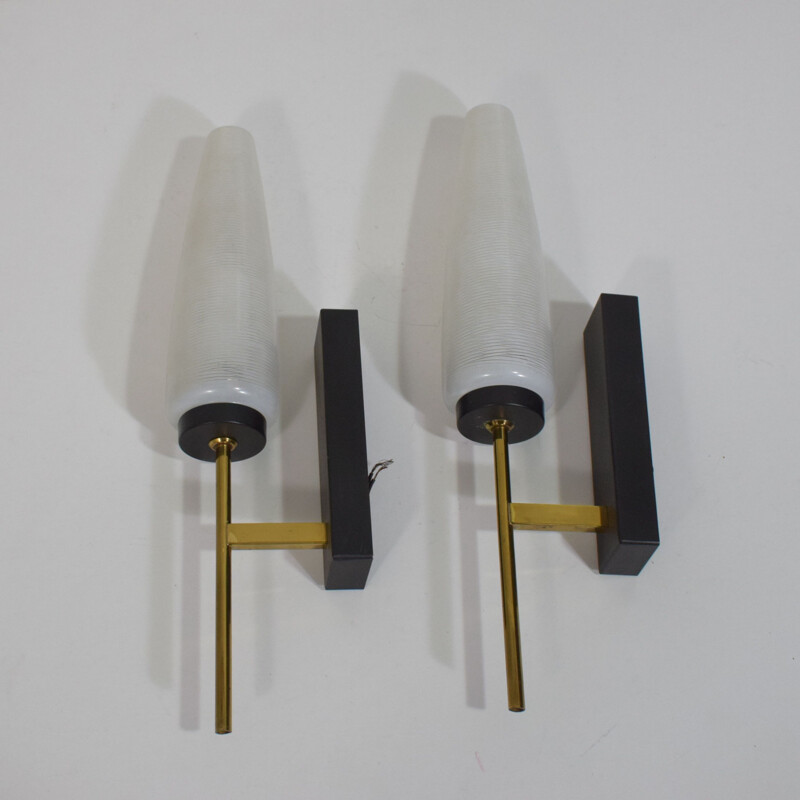 Pair of vintage Lunel black brass and glass wall lights 1950s