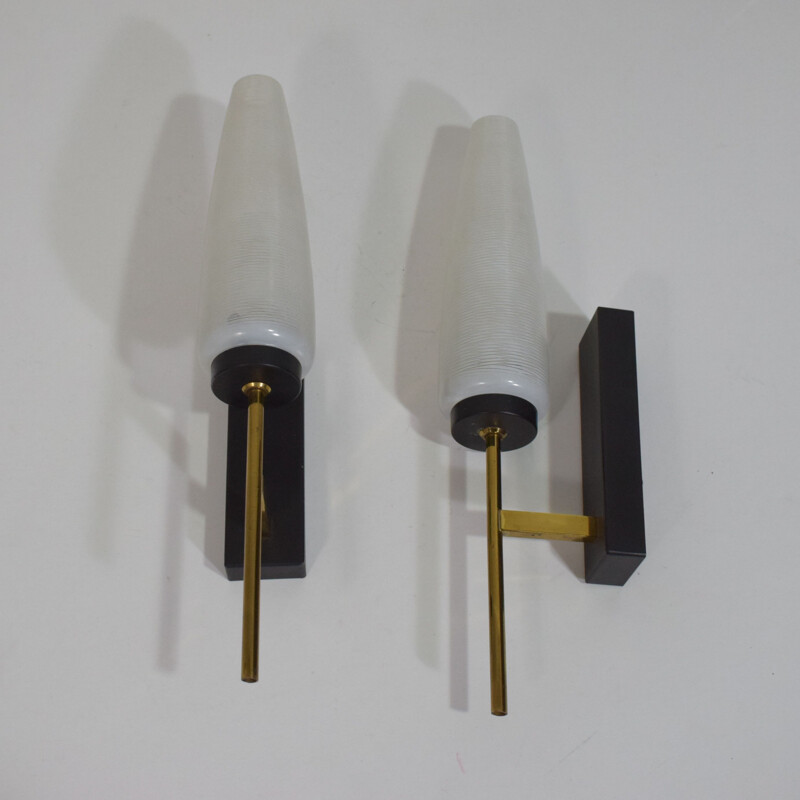 Pair of vintage Lunel black brass and glass wall lights 1950s