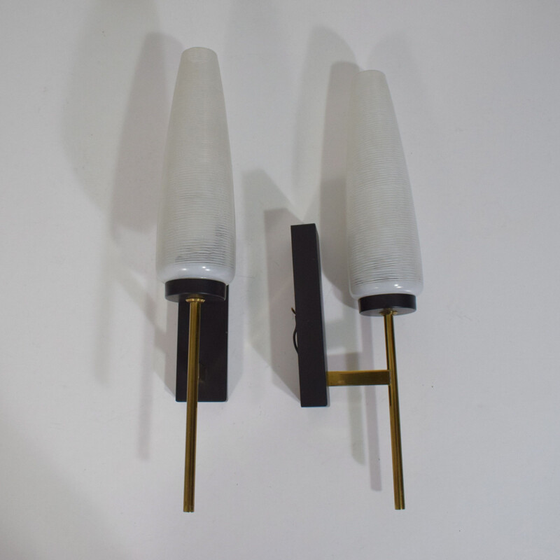 Pair of vintage Lunel black brass and glass wall lights 1950s