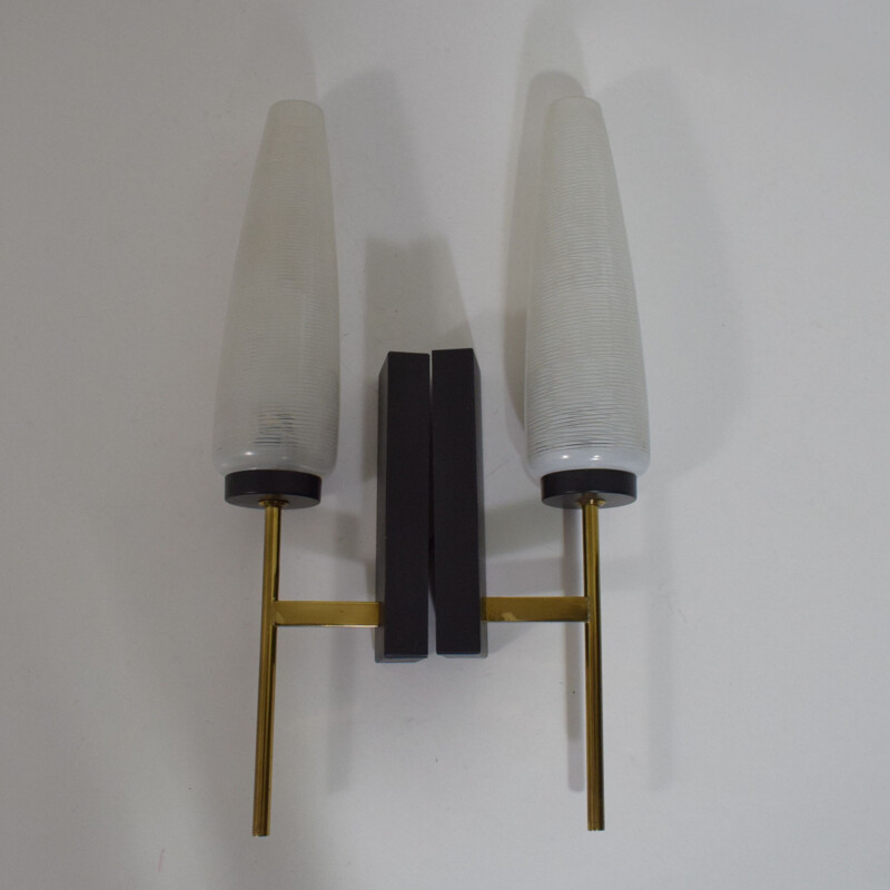 Pair of vintage Lunel black brass and glass wall lights 1950s