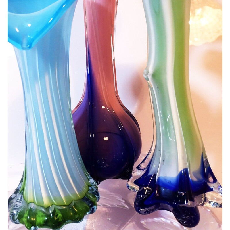 Set of 3 multicolored vintage vases in glass from Murano, Italy 1960s