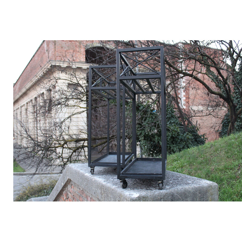 Pair of vintage planters in black lacquered wrought iron, Italian 1980s