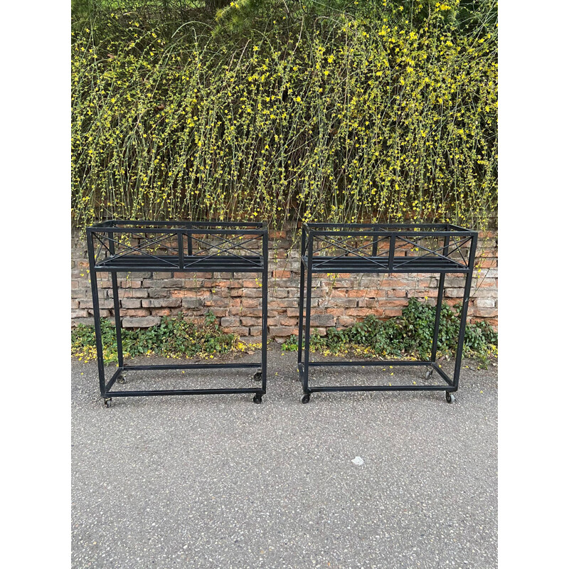 Pair of vintage planters in black lacquered wrought iron, Italian 1980s