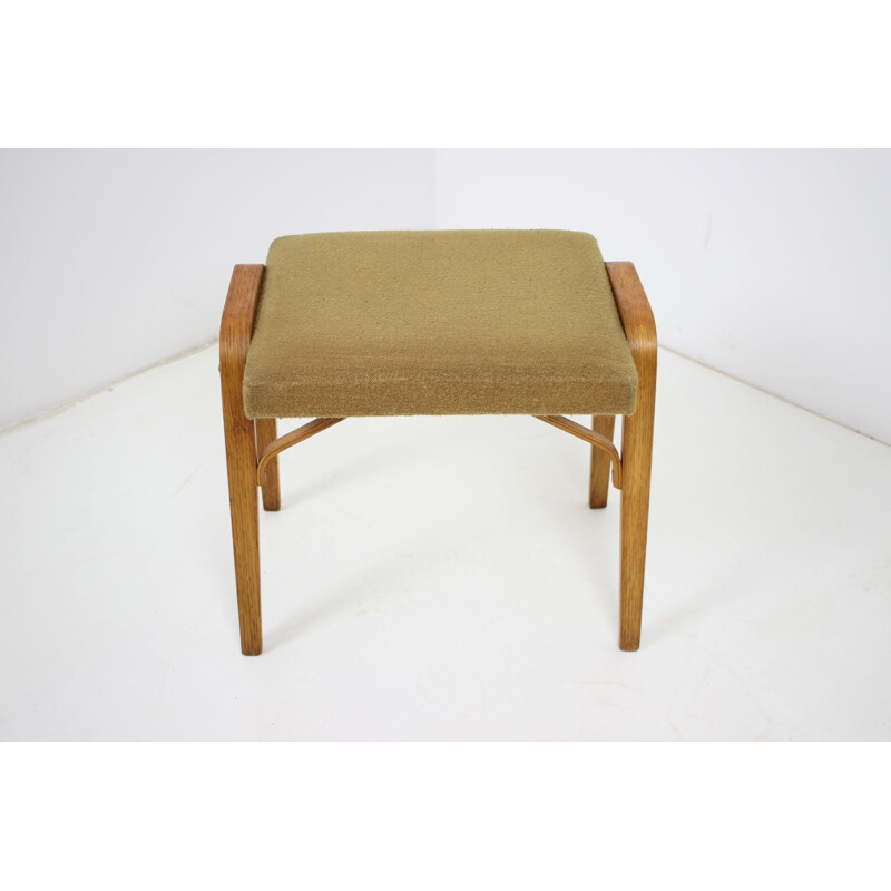 Vintage Thonet pouffe de madeira e tecido, Checoslováquia 1970