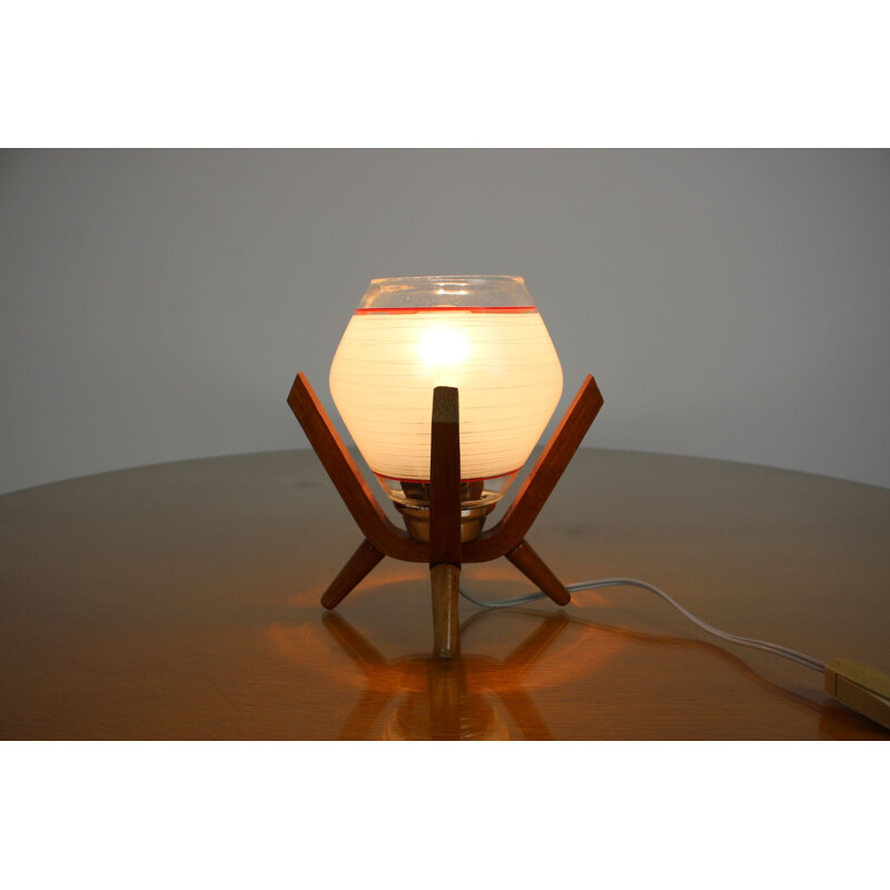 Vintage glass and wood bedside lamp by Dřevo Humpolec, Czechoslovakia 1970