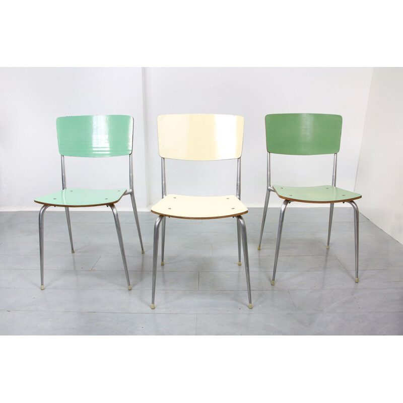 Set of 6 mid-Century green and cream dinning chairs 