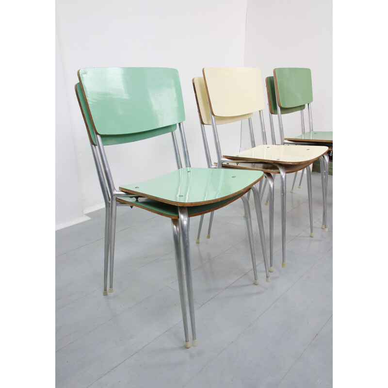 Set of 6 mid-Century green and cream dinning chairs 