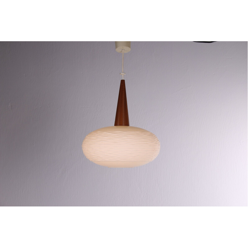 Vintage Opaline Glass & Teak Pendant Lamp by Louis Kalff for Philips, Dutch 1960s