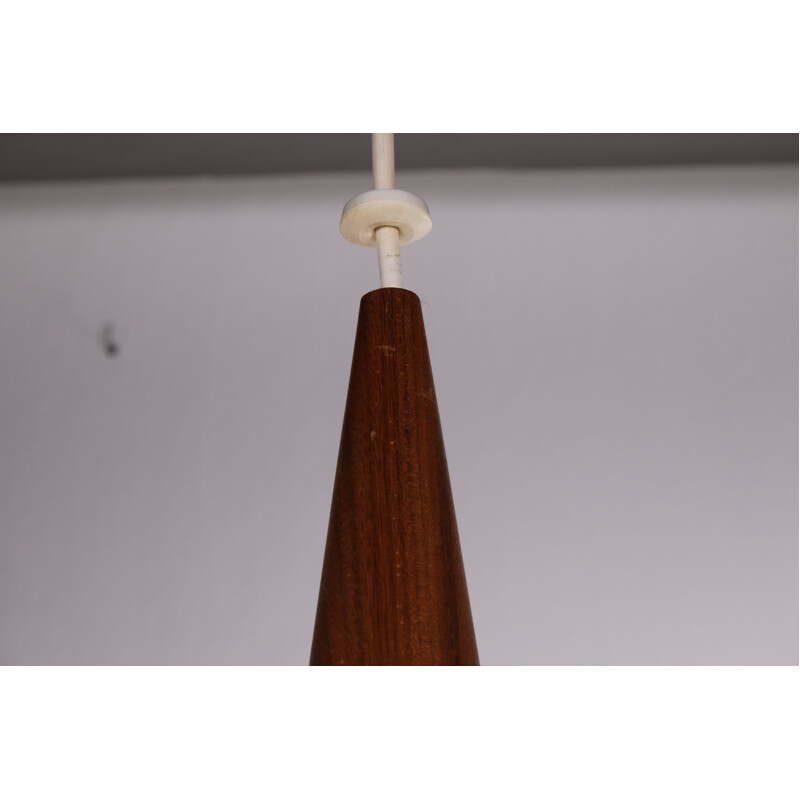 Vintage Opaline Glass & Teak Pendant Lamp by Louis Kalff for Philips, Dutch 1960s