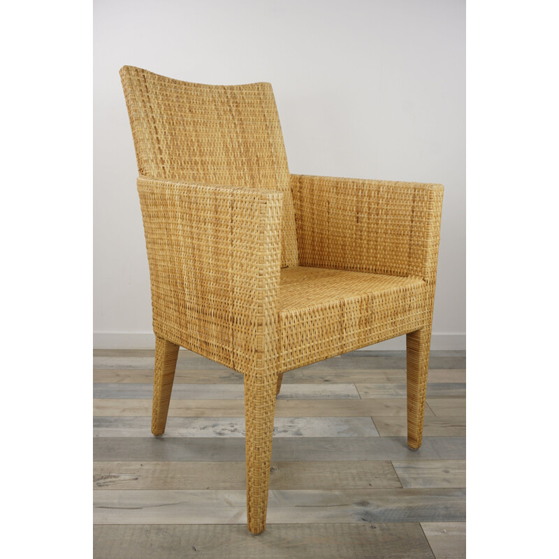Pair of vintage armchairs in wood and woven rattan