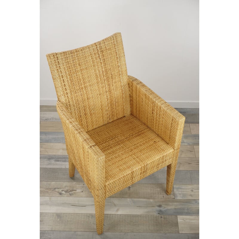 Pair of vintage armchairs in wood and woven rattan