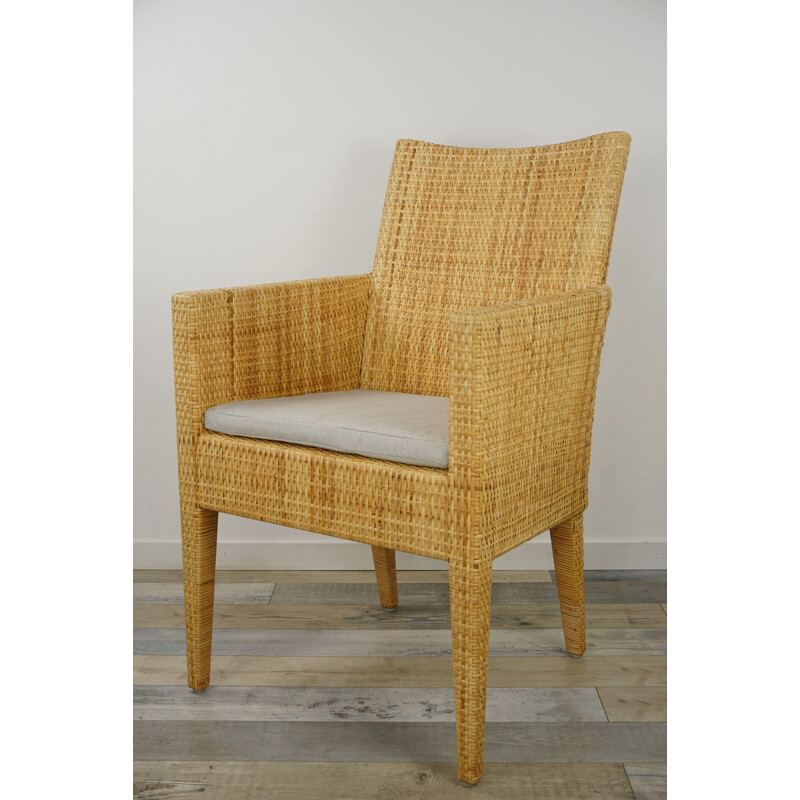 Pair of vintage armchairs in wood and woven rattan