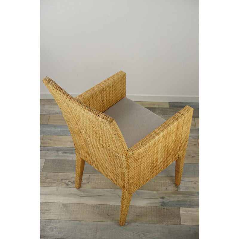 Pair of vintage armchairs in wood and woven rattan