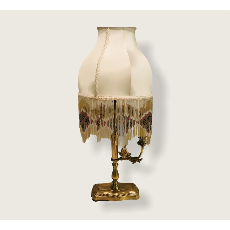 Vintage brass table lamp with silk fringe shade
