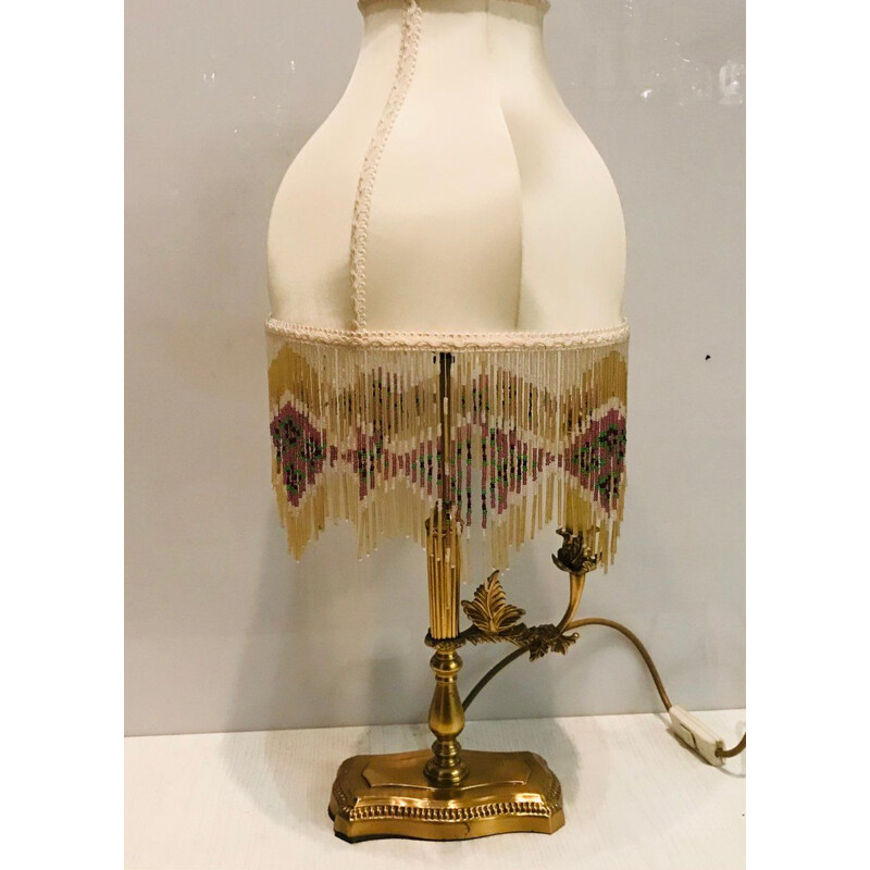 Vintage brass table lamp with silk fringe shade