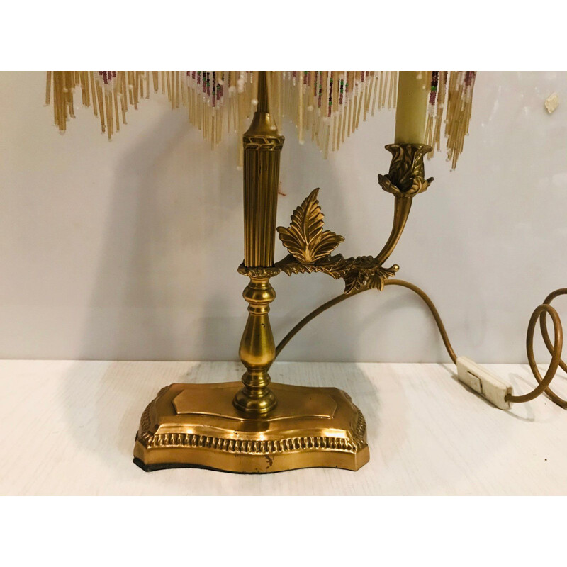 Candeeiro de mesa de latão Vintage com tonalidade de franja de seda
