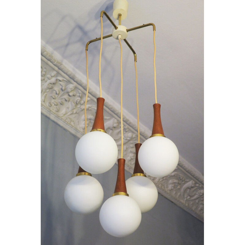 Vintage Brass and Teak Cascading Five Globe Pendant Lights, Danish 1960s