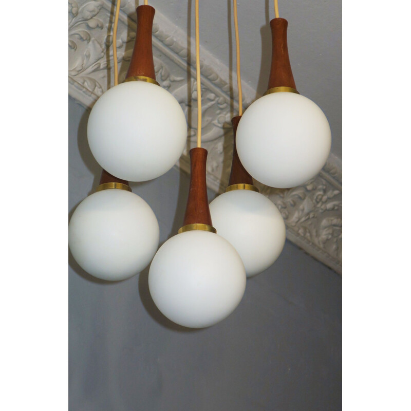 Vintage Brass and Teak Cascading Five Globe Pendant Lights, Danish 1960s