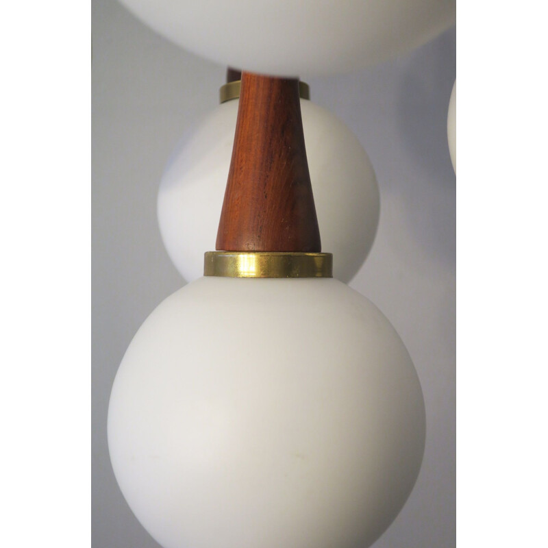 Vintage Brass and Teak Cascading Five Globe Pendant Lights, Danish 1960s