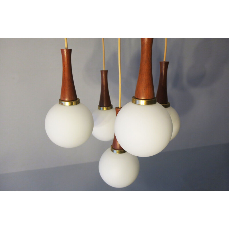 Vintage Brass and Teak Cascading Five Globe Pendant Lights, Danish 1960s
