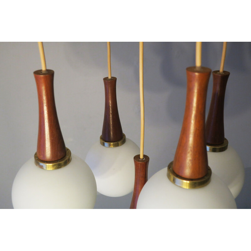 Vintage Brass and Teak Cascading Five Globe Pendant Lights, Danish 1960s