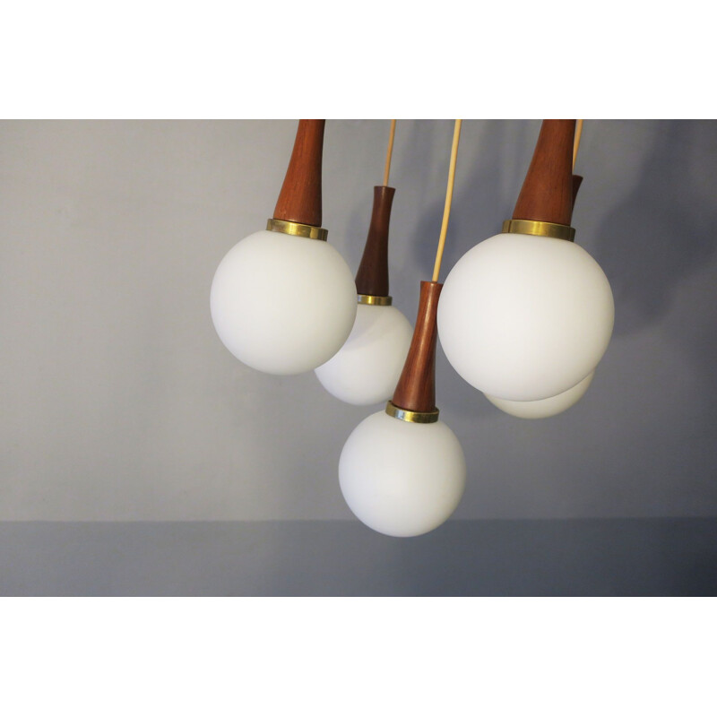 Vintage Brass and Teak Cascading Five Globe Pendant Lights, Danish 1960s