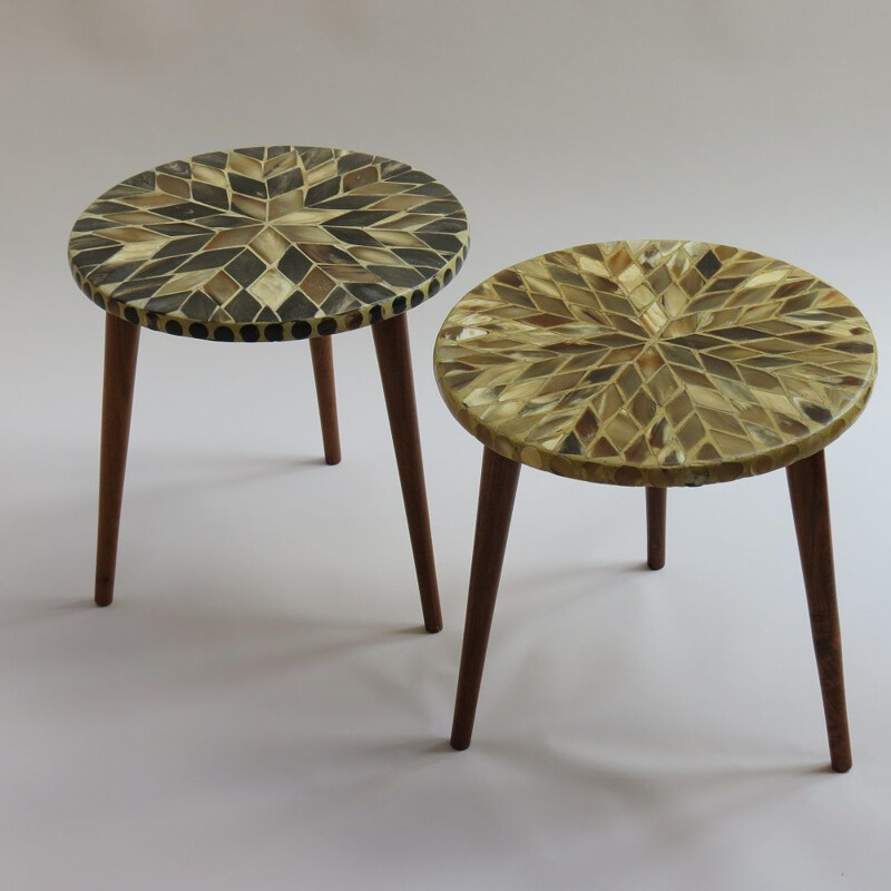 Pair of vintage 3 Legged Circular Mosaic Side Tables With Horn Inlaid Tops 1960s