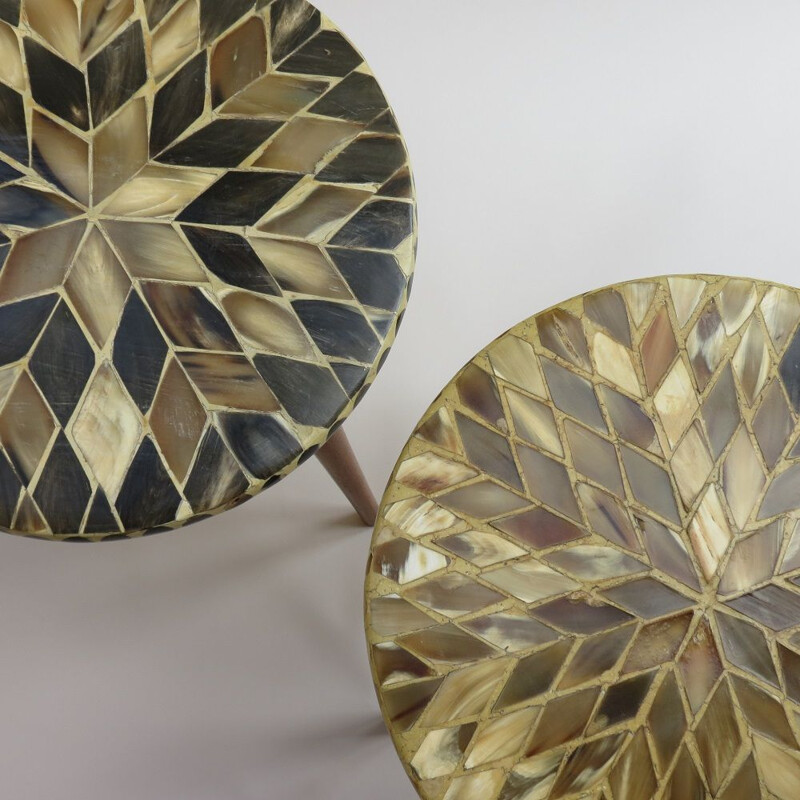 Pair of vintage 3 Legged Circular Mosaic Side Tables With Horn Inlaid Tops 1960s