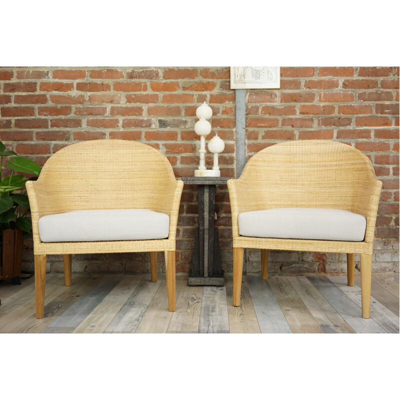 Pair of vintage teak and rattan armchairs