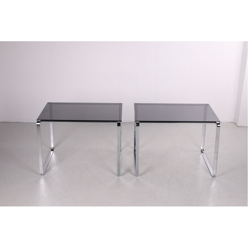 Pair of vintage side tables of chrome and smoked glass 1960s