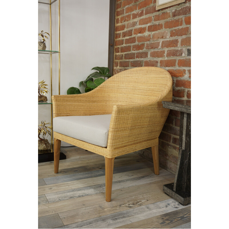 Pair of vintage teak and rattan armchairs