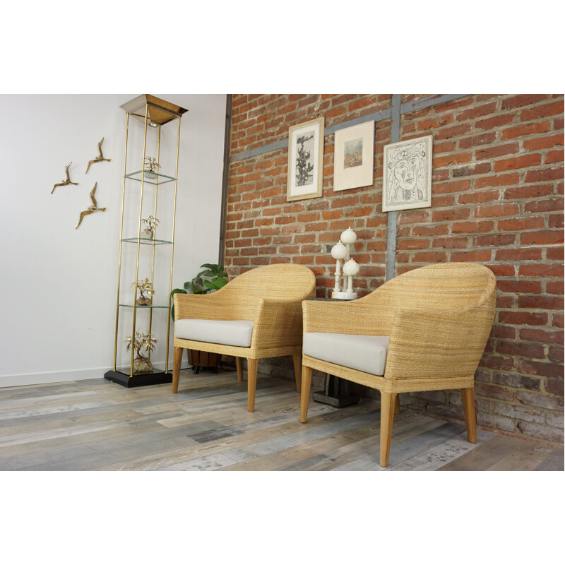 Pair of vintage teak and rattan armchairs