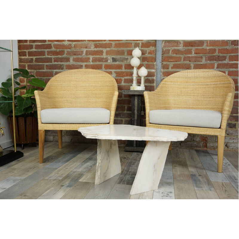 Pair of vintage teak and rattan armchairs