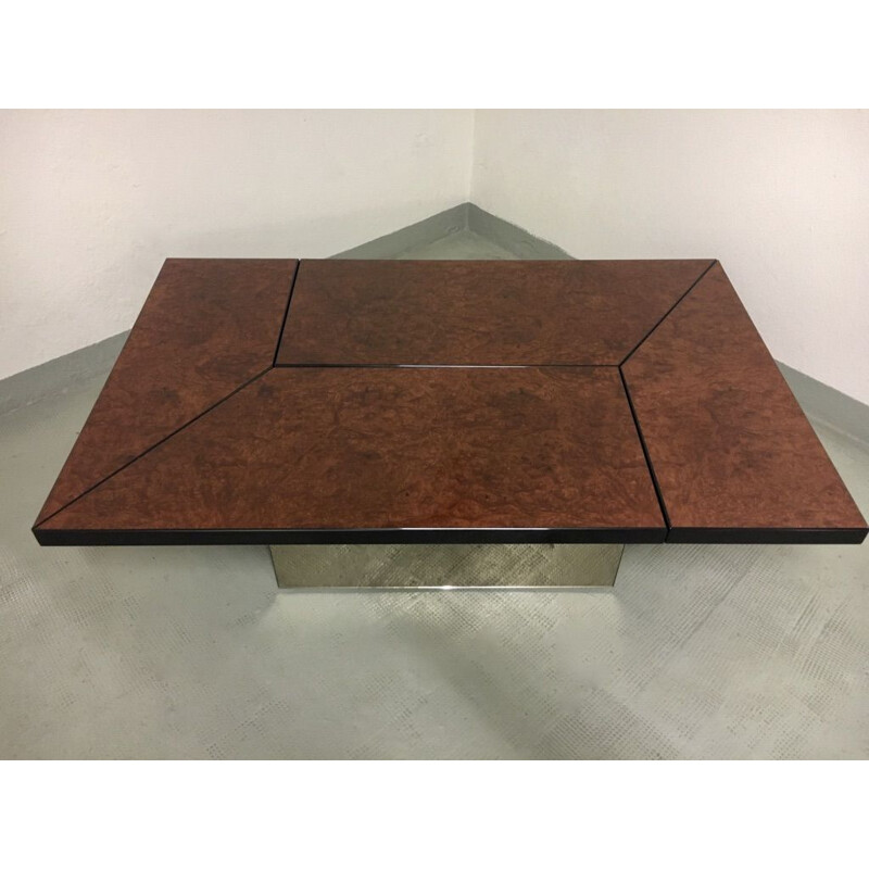 Vintage coffee table in burr walnut lacquered by Paul Michel, France 1970