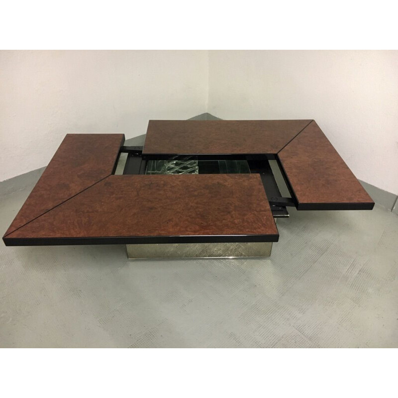 Vintage coffee table in burr walnut lacquered by Paul Michel, France 1970