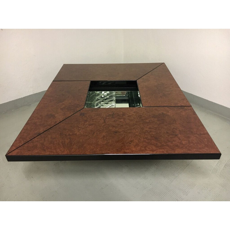 Vintage coffee table in burr walnut lacquered by Paul Michel, France 1970