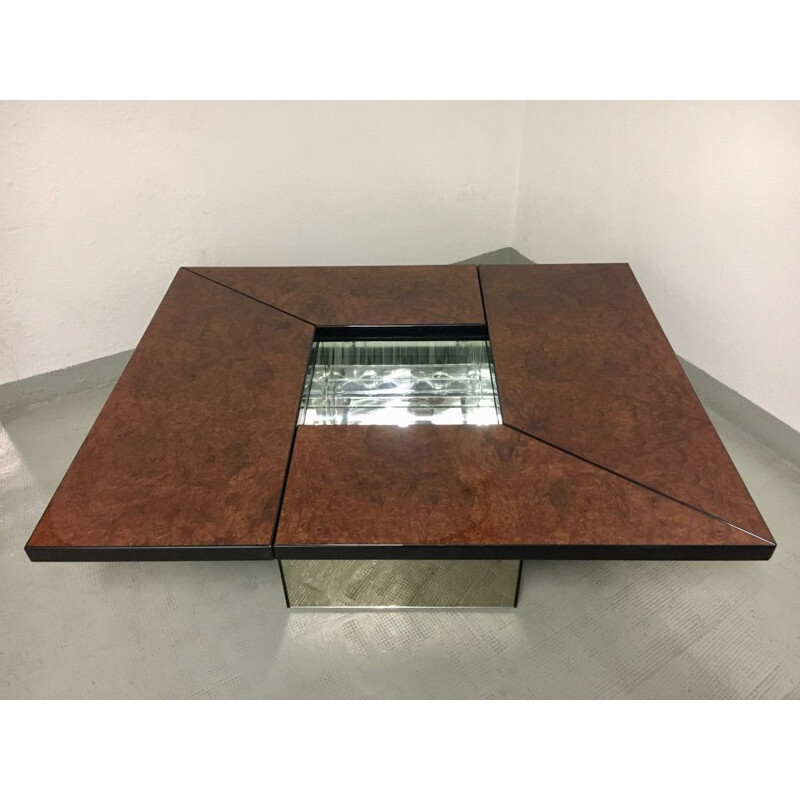 Vintage coffee table in burr walnut lacquered by Paul Michel, France 1970