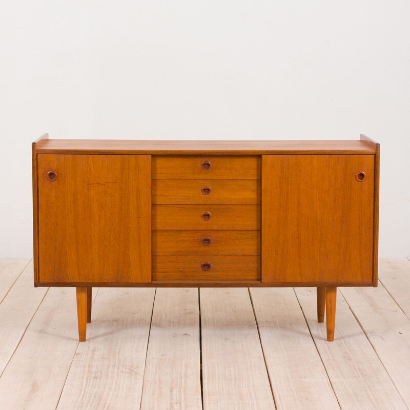 Vintage sideboard in teak with 5 drawers and sliding doors, Norway 1960s