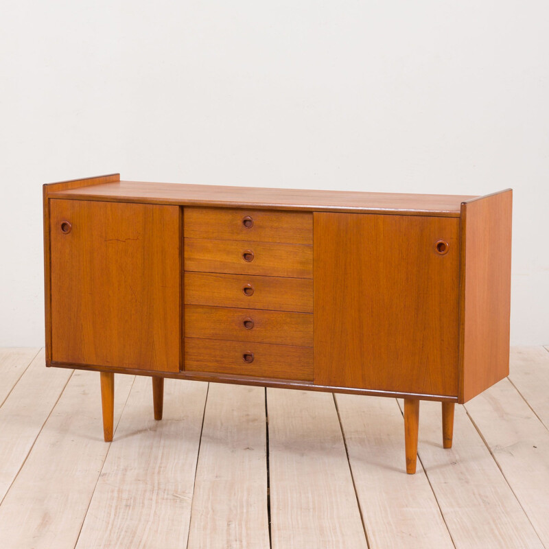 Vintage sideboard in teak with 5 drawers and sliding doors, Norway 1960s