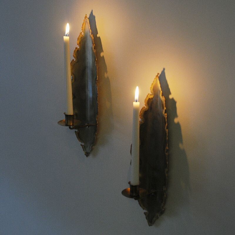 Pair of vintage Brass brutalist wall candle holders by Svend Aage Holm-Sorensen, Denmark 1960s