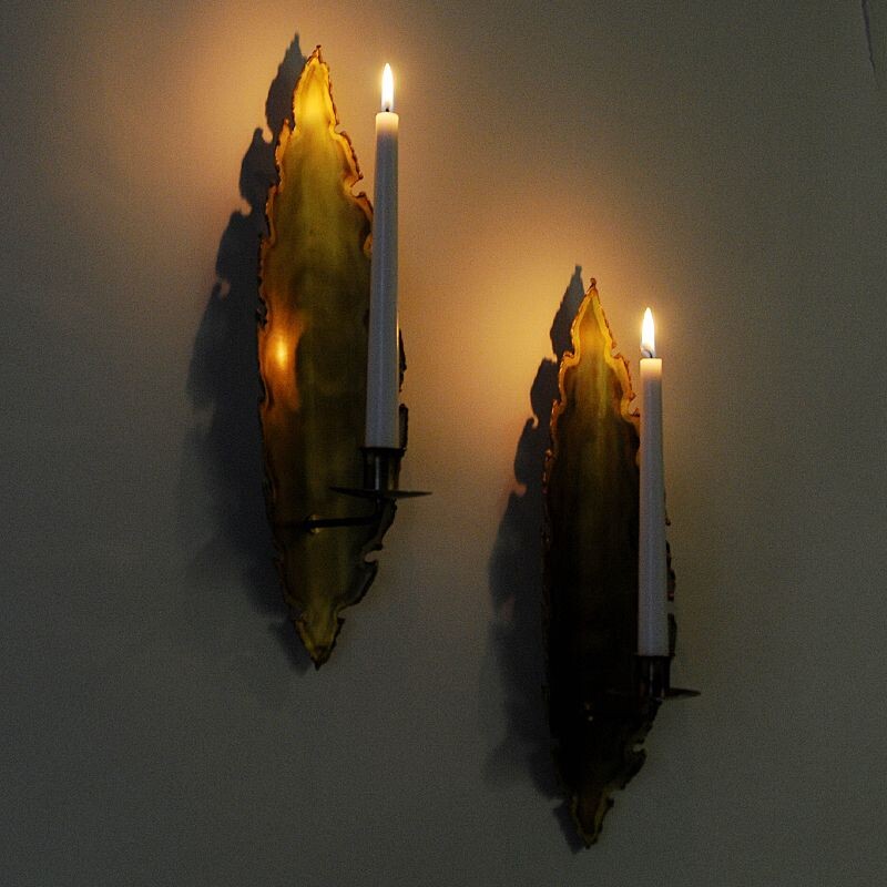 Pair of vintage Brass brutalist wall candle holders by Svend Aage Holm-Sorensen, Denmark 1960s