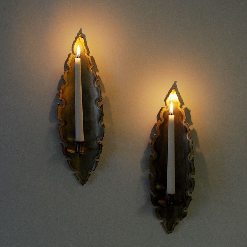Pair of vintage Brass brutalist wall candle holders by Svend Aage Holm-Sorensen, Denmark 1960s