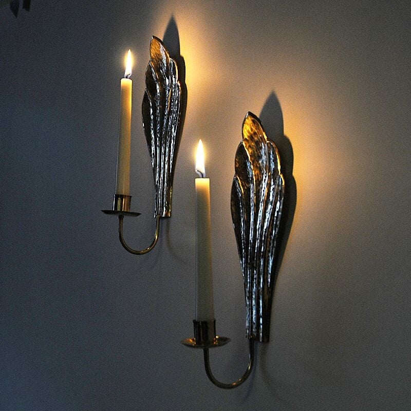 Pair of vintage Brass wall candleholder by Lars Holmström, Sweden 1960s