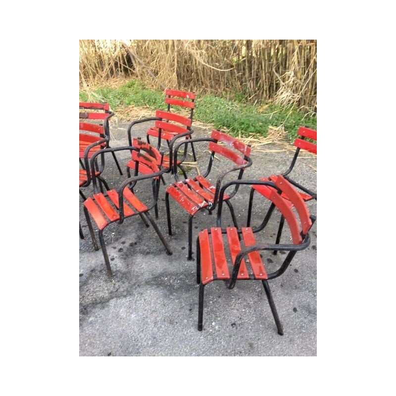 Lot de 6 de fauteuils et 2 chaises vintage en métal de style bistrot Tolix 1960