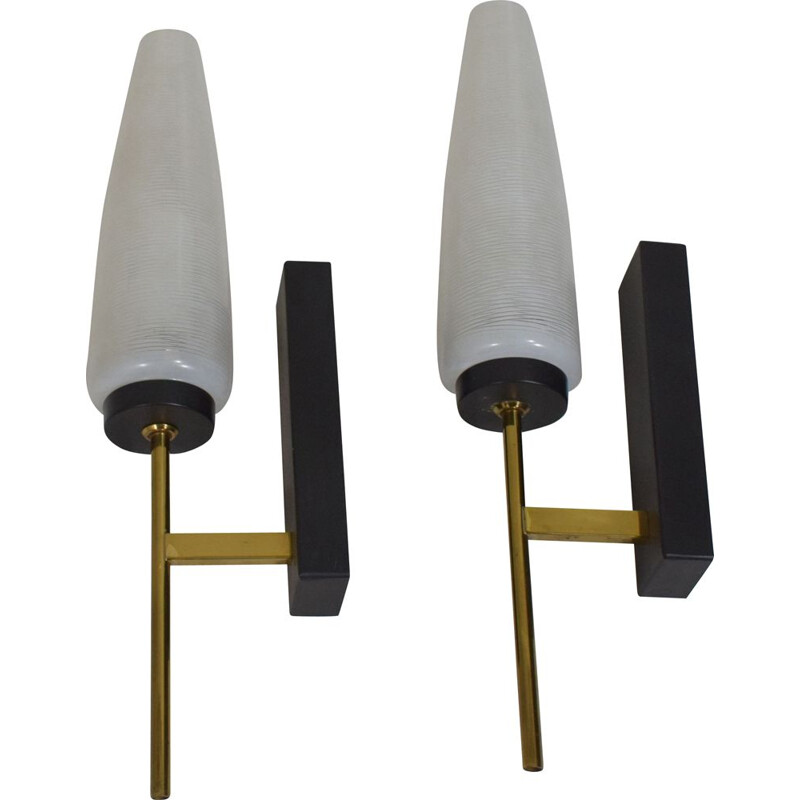 Pair of vintage Lunel black brass and glass wall lights 1950s